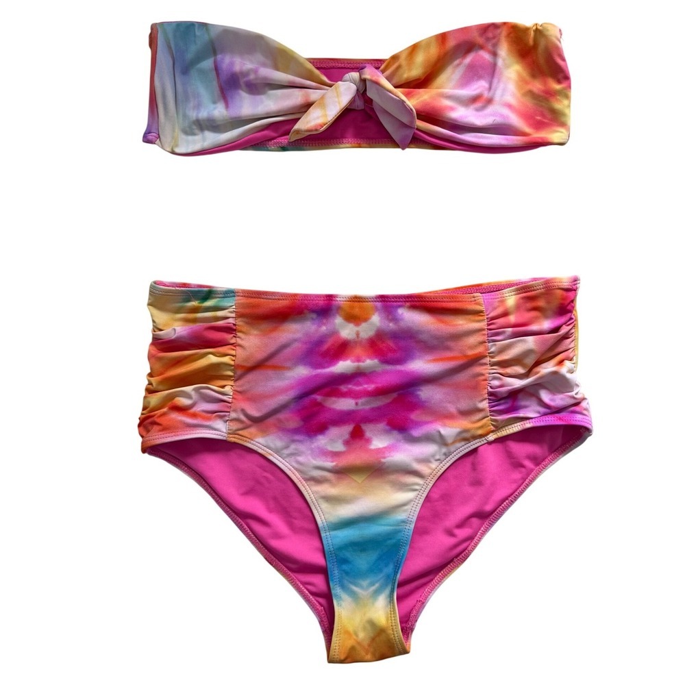 TINIBIKINI Neon Tie-dye Bikini, Ruched High-Waisted Bottom Knot-front Bandeau, L
